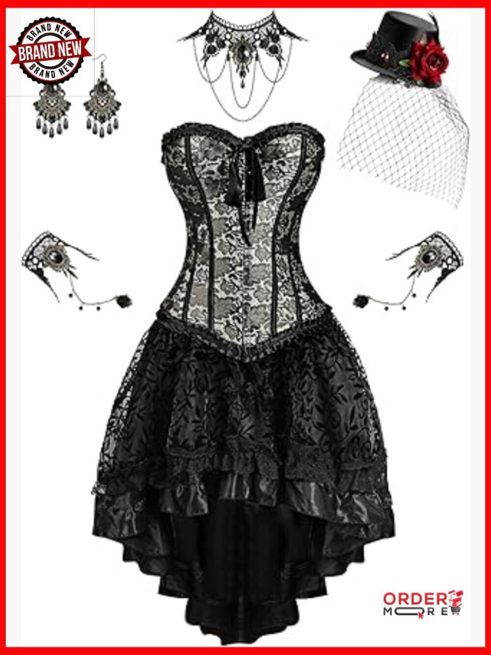 Steampunk Corset Skirt Set with Accessories, Size XL, Spandex, Gothic Costume